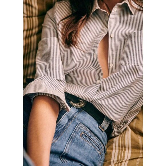 Sezane Tomboy Shirt Stripes Ecru Blue Button Down Casual french 36 Small - Picture 5 of 16